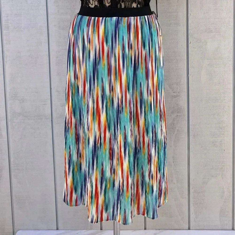 Story On Pleated Midi Skirt Multicolored Print Lined Sheer Elastic Waist